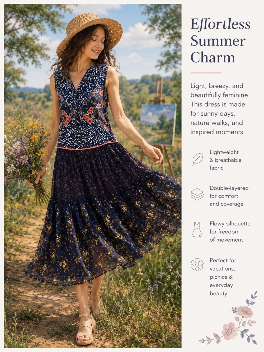 Xhilaration Navy Floral Midi Dress with Pink Accents